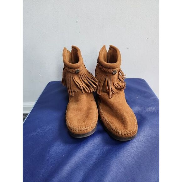 Minnetonka Women Tan Brown Suede Leather High Top Fringe Back Zipper Boots sz 9 - Picture 5 of 9